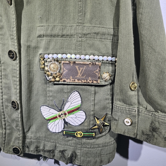 Military jacket size xl, designer inspired patchwork jacket, womens - Picture 3 of 11